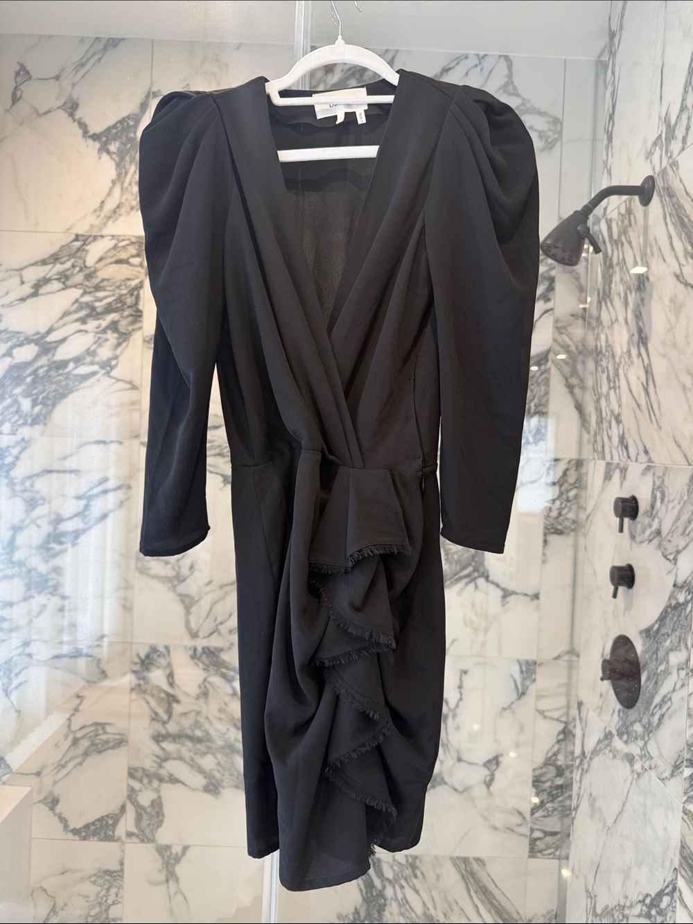 ba&sh Black Puff-Sleeve Wrap Dress with Cascade Ruffle